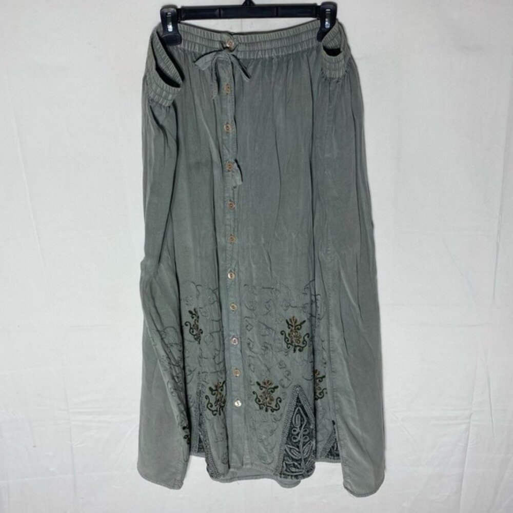 Vintage Cool Plus Grey Green Embroidered Boho Midi Skirt XXL